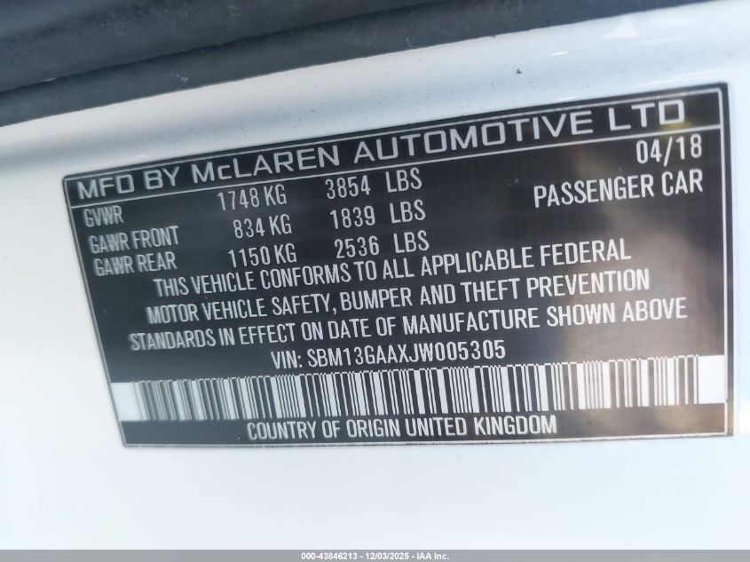 2018 Mclaren 570Gt VIN: SBM13GAAXJW005305 Lot: 43846213