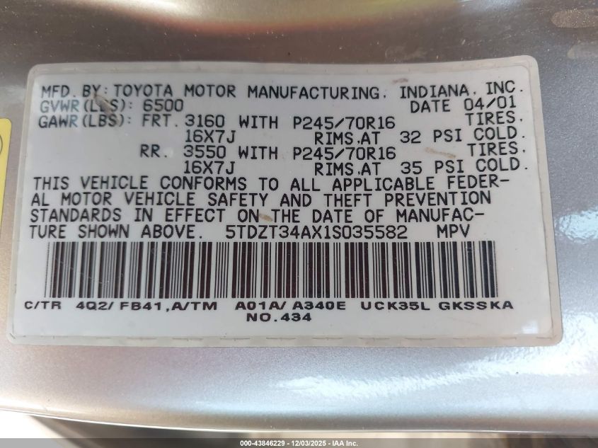 2001 Toyota Sequoia Sr5 V8 VIN: 5TDZT34AX1S035582 Lot: 43846229