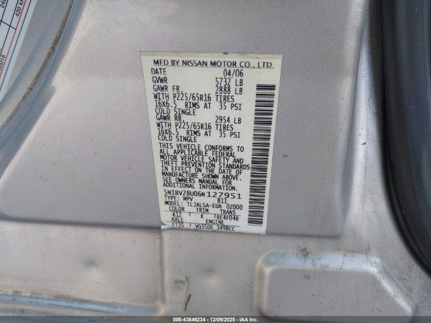 2006 Nissan Quest 3.5 S VIN: 5N1BV28U06N127951 Lot: 43846234