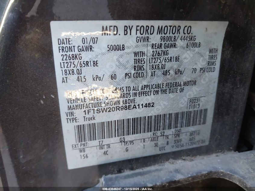 2008 Ford F-250 Lariat VIN: 1FTSW20R98EA11482 Lot: 43846247