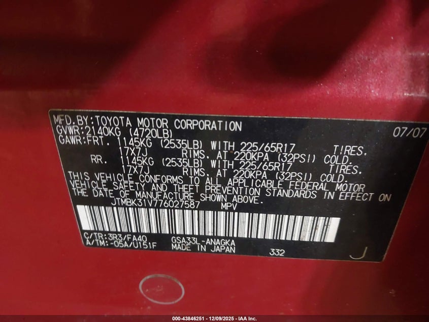 JTMBK31V776027587 2007 TOYOTA RAV 4 photo no. 9