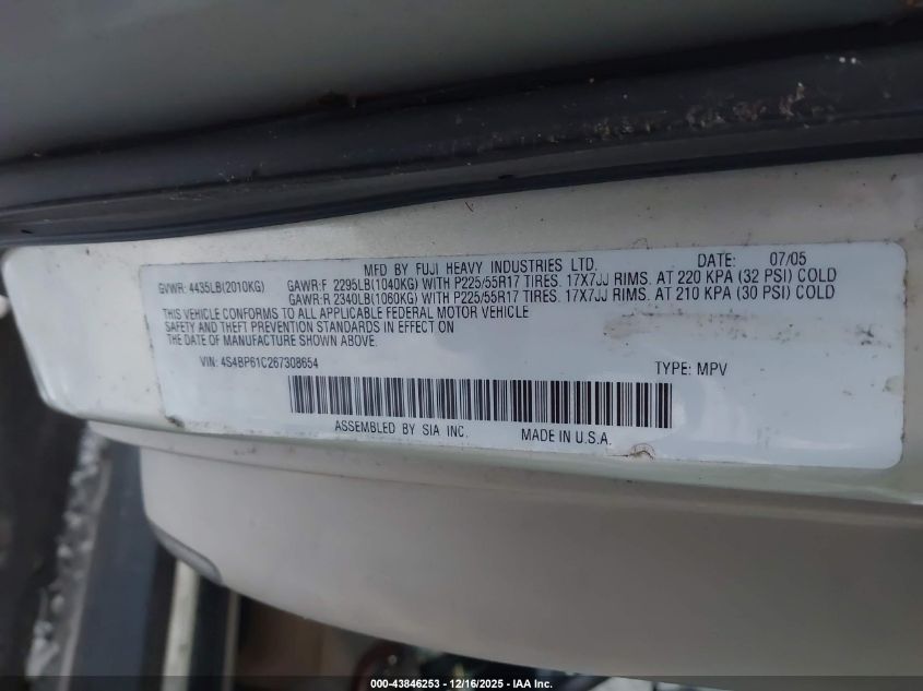 2006 Subaru Outback 2.5I VIN: 4S4BP61C267308654 Lot: 43846253