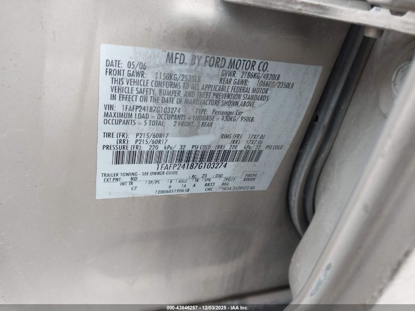 2007 Ford Five Hundred Sel VIN: 1FAFP24187G103274 Lot: 43846257