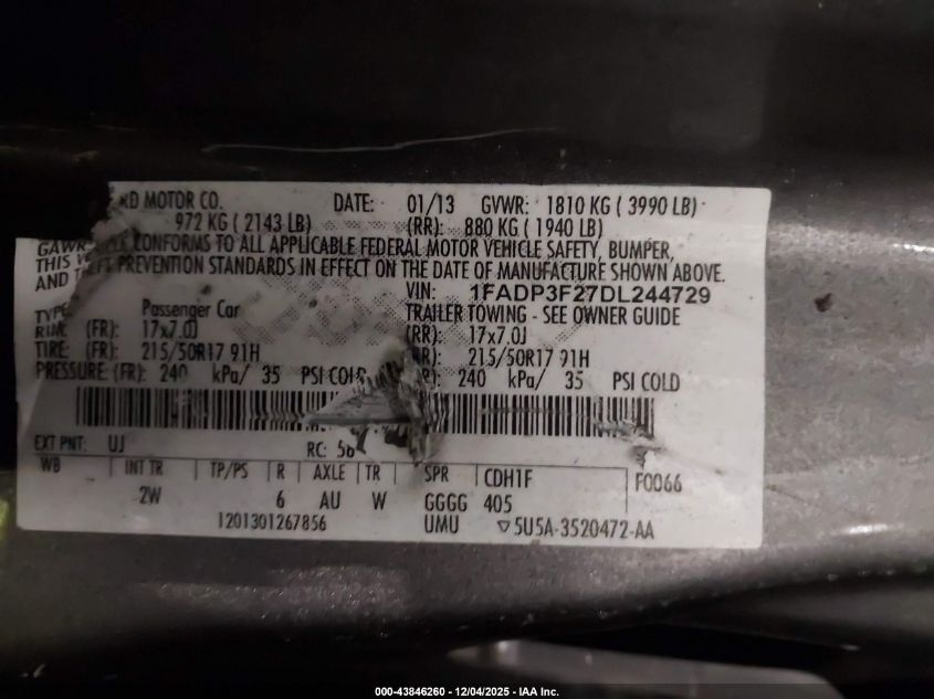 2013 Ford Focus Se VIN: 1FADP3F27DL244729 Lot: 43846260