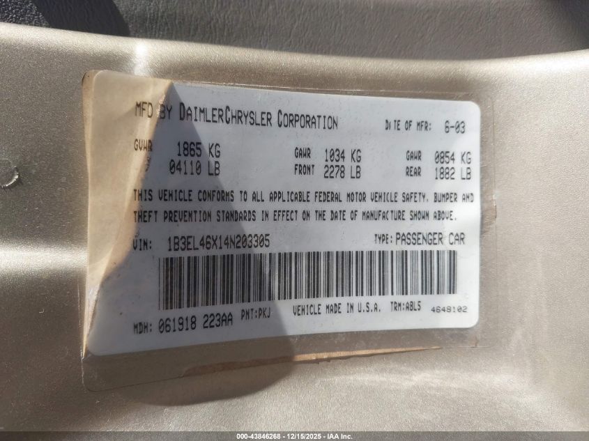 2004 Dodge Stratus Sxt VIN: 1B3EL46X14N203305 Lot: 43846268