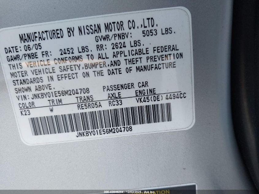 2006 Infiniti M45 Sport VIN: JNKBY01E56M204708 Lot: 43846284