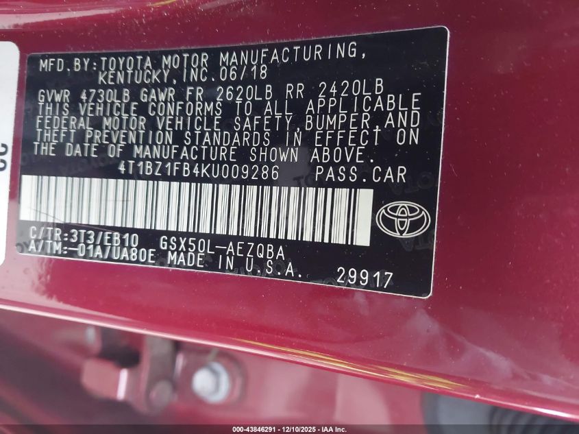 2019 Toyota Avalon Xse VIN: 4T1BZ1FB4KU009286 Lot: 43846291