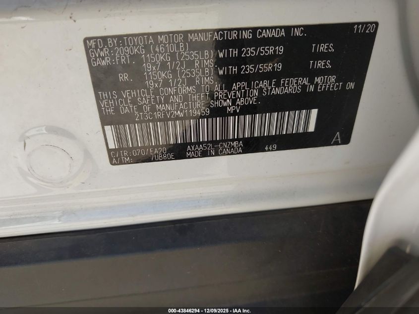 2021 Toyota Rav4 Xle Premium VIN: 2T3C1RFV2MW119459 Lot: 43846294