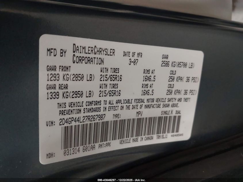 2007 Dodge Grand Caravan Sxt VIN: 2D4GP44L27R267987 Lot: 43846297