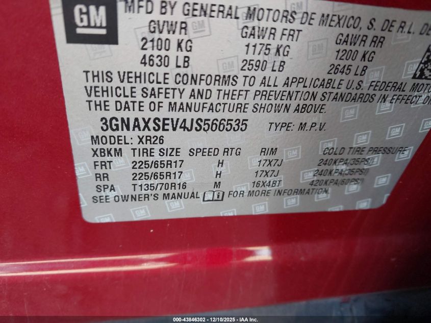 2018 Chevrolet Equinox Lt VIN: 03GNAXSEV4JS56653 Lot: 43846302