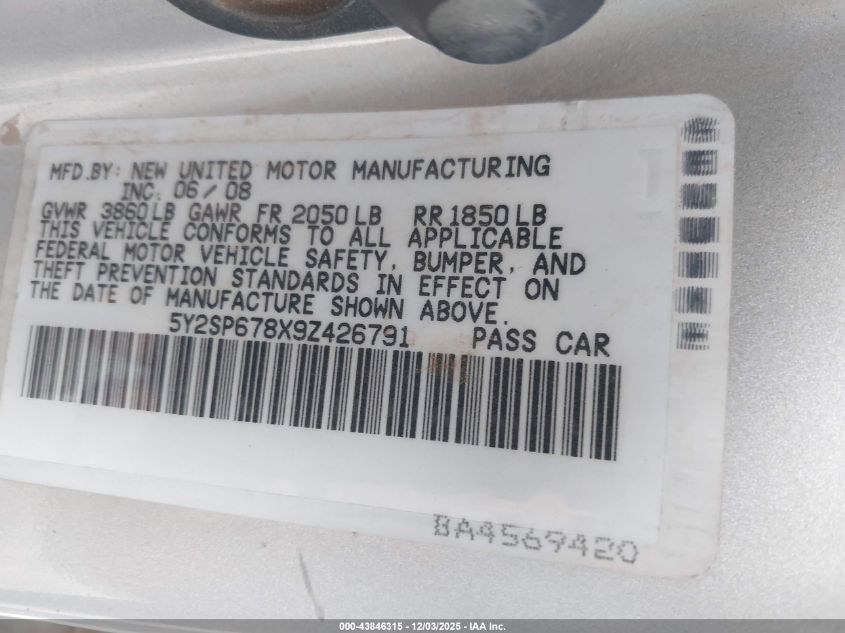 2009 Pontiac Vibe VIN: 5Y2SP678X9Z426791 Lot: 43846315