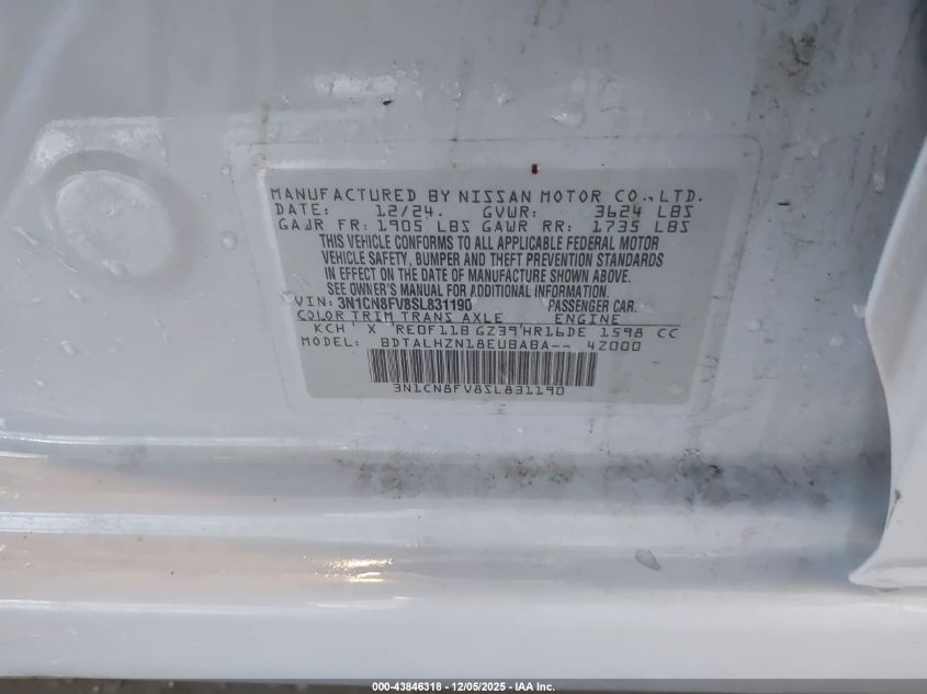 2025 Nissan Versa 1.6 Sr VIN: 3N1CN8FV8SL831190 Lot: 43846318