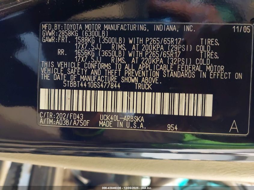 2006 Toyota Tundra Sr5 V8 VIN: 5TBBT44106S477844 Lot: 43846336