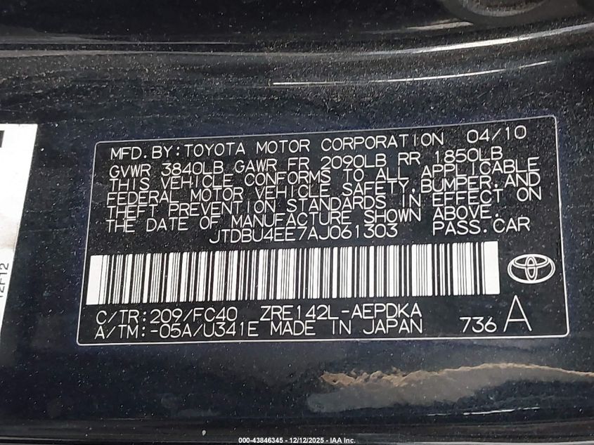 2010 Toyota Corolla Le VIN: JTDBU4EE7AJ061303 Lot: 43846345