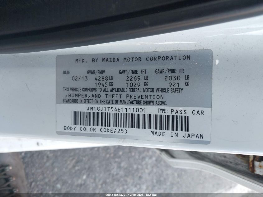 2014 Mazda Mazda6 I Touring VIN: JM1GJ1T54E1111001 Lot: 43846372