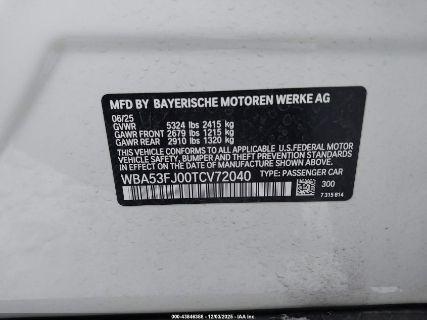 2026 BMW 530I xDrive VIN: WBA53FJ00TCV72040 Lot: 43846388