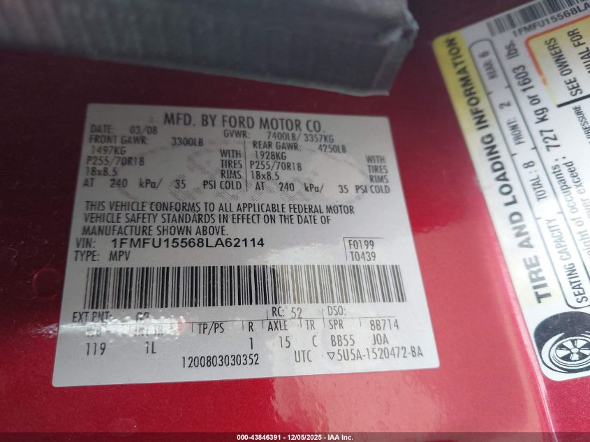 2008 Ford Expedition Xlt VIN: 1FMFU15568LA62114 Lot: 43846391