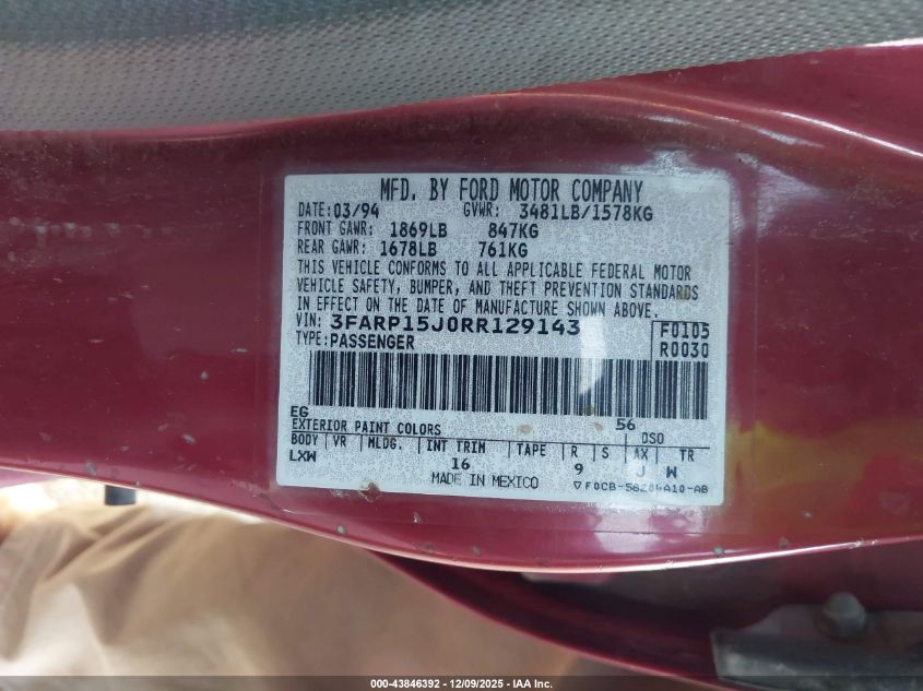 1994 Ford Escort Lx/Sport VIN: 3FARP15J0RR129143 Lot: 43846392