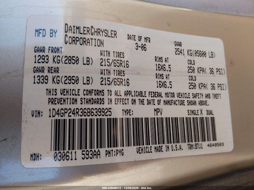 2006 Dodge Grand Caravan Se VIN: 1D4GP24R36B639925 Lot: 43846412