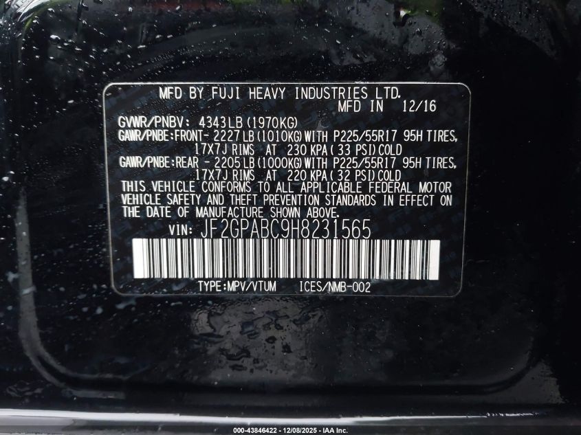 2017 Subaru Crosstrek 2.0I Premium VIN: JF2GPABC9H8231565 Lot: 43846422