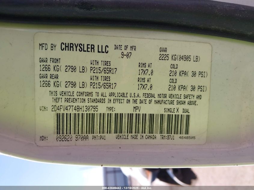 2008 Dodge Magnum VIN: 2D4FV47T48H130795 Lot: 43846442