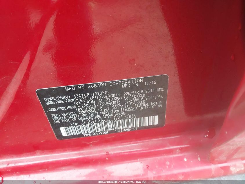 2020 Subaru Crosstrek Limited VIN: JF2GTANC4L8216004 Lot: 43846450