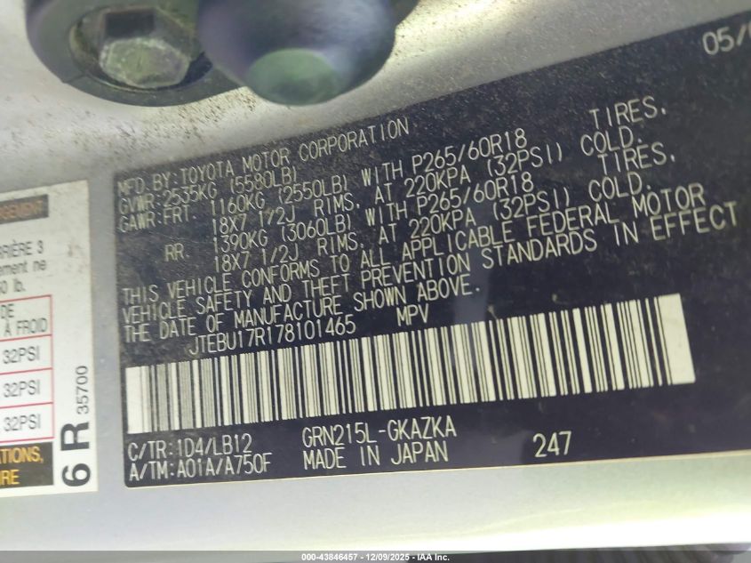 2007 Toyota 4Runner Limited V6 VIN: JTEBU17R178101465 Lot: 43846457