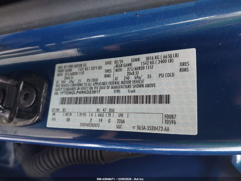 2024 Ford F-150 Stx VIN: 1FTEW2LP4RKD23817 Lot: 43846471