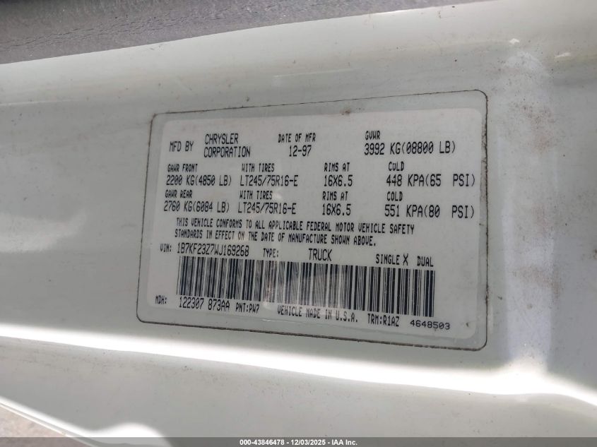 1998 Dodge Ram 2500 St VIN: 1B7KF23Z7WJ169268 Lot: 43846478