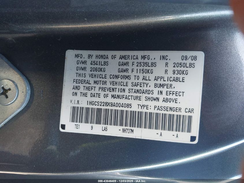 2009 Honda Accord 3.5 Ex-L VIN: 1HGCS228X9A004085 Lot: 43846489