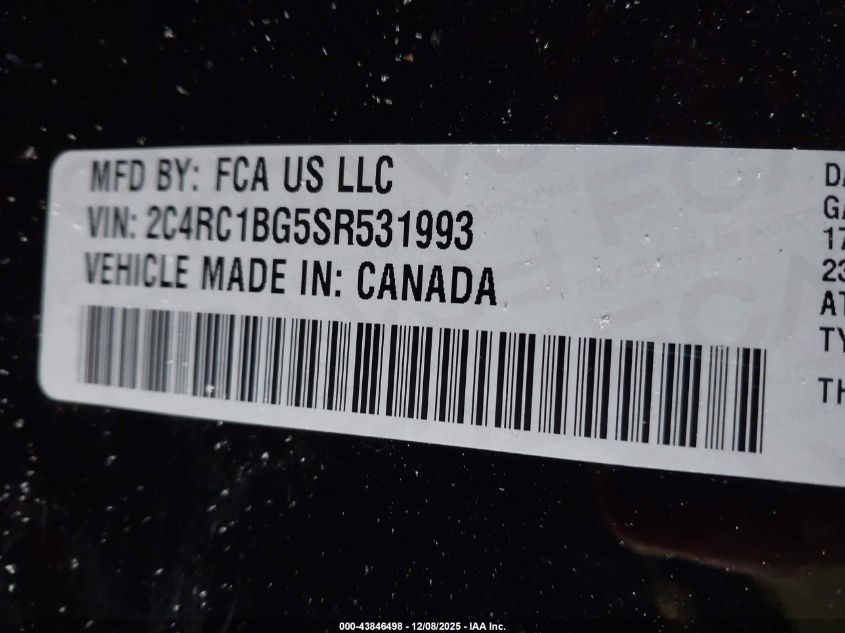 2025 Chrysler Pacifica Select VIN: 2C4RC1BG5SR531993 Lot: 43846498