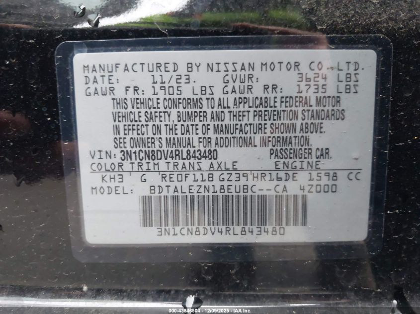 2024 Nissan Versa 1.6 S VIN: 3N1CN8DV4RL843480 Lot: 43846504
