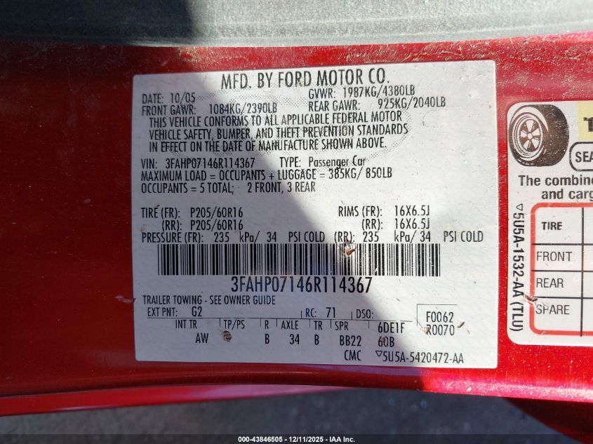 2006 Ford Fusion Se VIN: 3FAHP07146R114367 Lot: 43846505