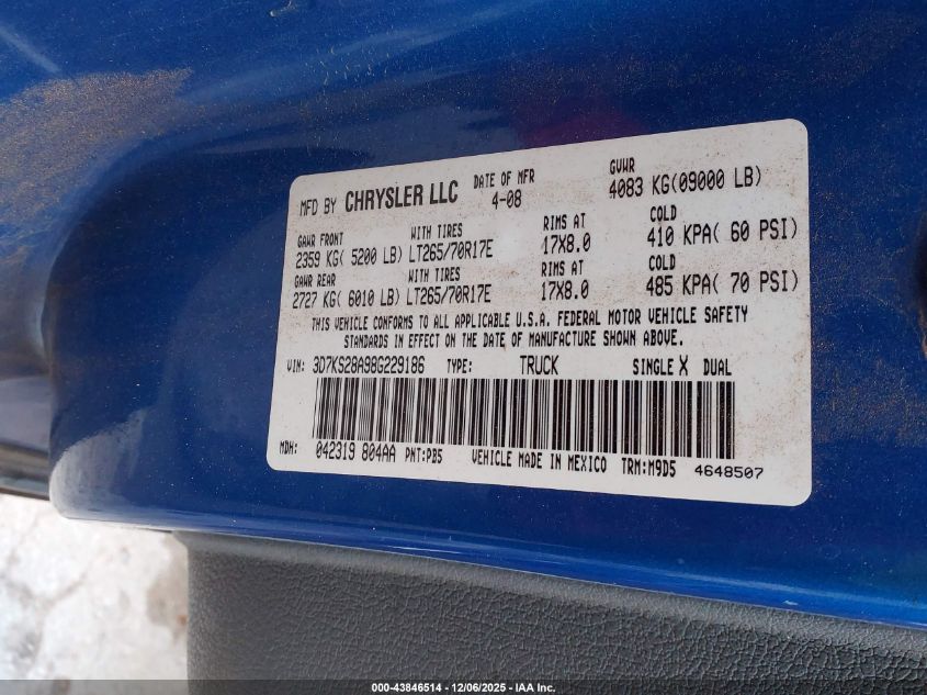 2008 Dodge Ram 2500 Slt/Power Wagon VIN: 3D7KS28A98G229186 Lot: 43846514