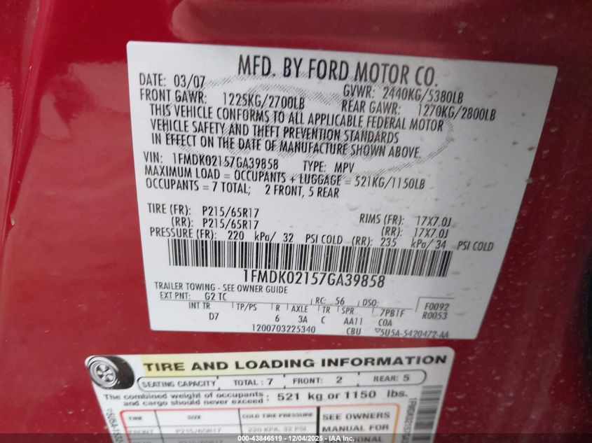 2007 Ford Freestyle Sel VIN: 1FMDK02157GA39858 Lot: 43846519