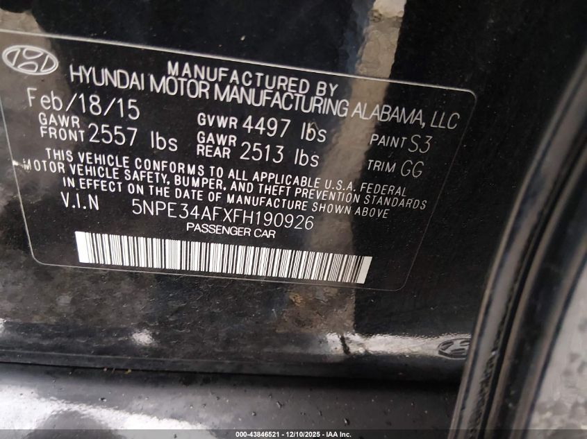 2015 Hyundai Sonata Limited VIN: 5NPE34AFXFH190926 Lot: 43846521