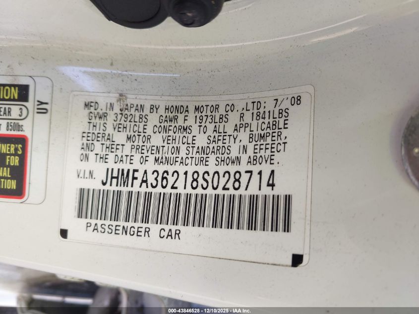 2008 Honda Civic Hybrid VIN: JHMFA36218S028714 Lot: 43846528
