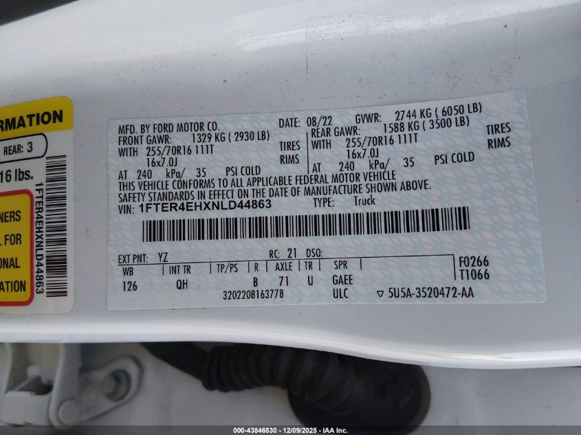 2022 Ford Ranger Xl VIN: 1FTER4EHXNLD44863 Lot: 43846530