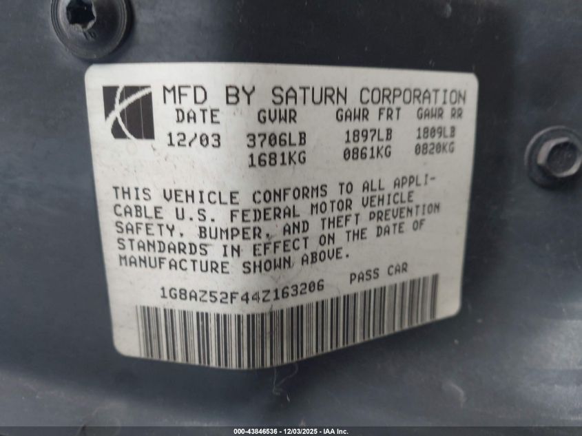2004 Saturn Ion 2 VIN: 1G8AZ52F44Z163206 Lot: 43846536