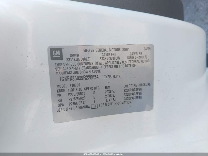 2009 GMC Yukon Slt2 VIN: 1GKFK33039R228654 Lot: 43846549