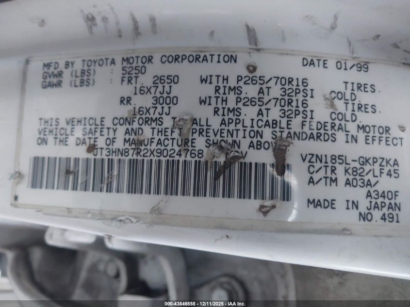 1999 Toyota 4Runner Limited V6 VIN: JT3HN87R2X9024768 Lot: 43846558