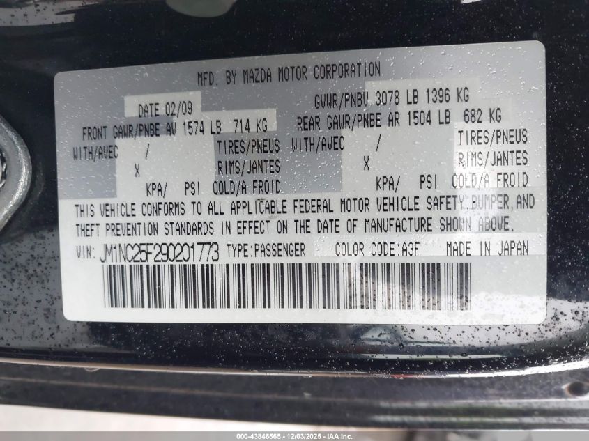 2009 Mazda Mx-5 Miata Touring VIN: JM1NC25F290201773 Lot: 43846565
