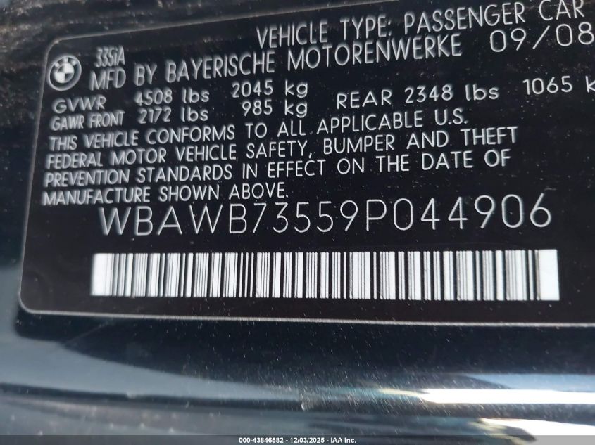 2009 BMW 335I VIN: WBAWB73559P044906 Lot: 43846582