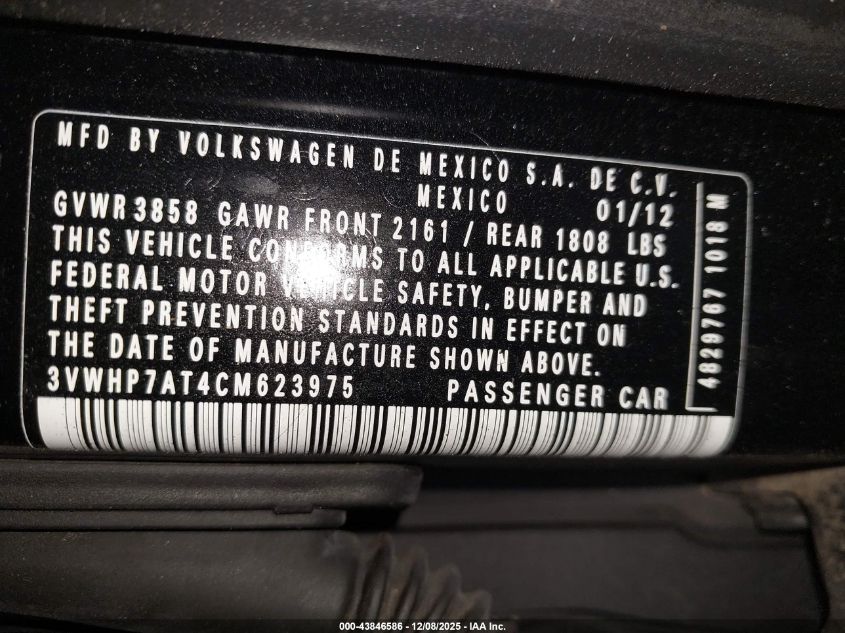 2012 Volkswagen Beetle 2.5L VIN: 3VWHP7AT4CM623975 Lot: 43846586