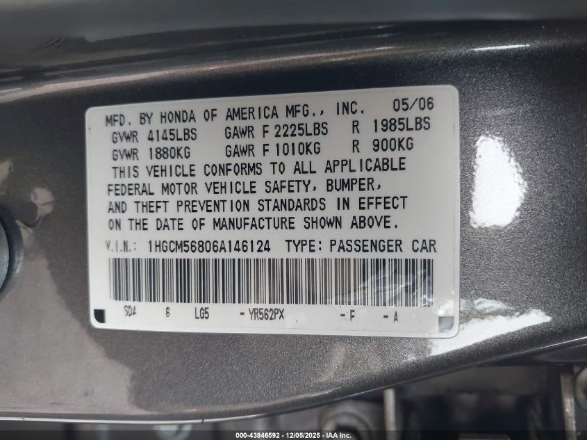 2006 Honda Accord 2.4 Ex VIN: 1HGCM56806A146124 Lot: 43846592