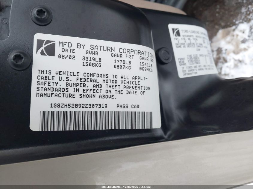 2002 Saturn S-Series Sl1 VIN: 1G8ZH52892Z307319 Lot: 43846594