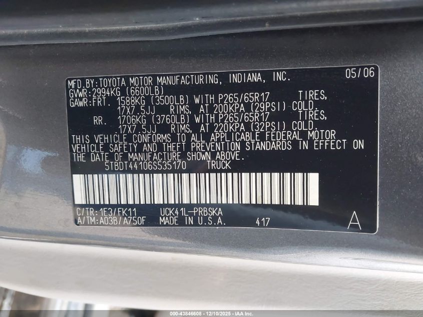 2006 Toyota Tundra Sr5 V8 VIN: 5TBDT44106S535170 Lot: 43846608