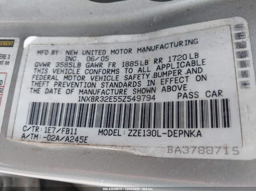 2005 Toyota Corolla Le VIN: 1NXBR32E55Z549794 Lot: 43846610