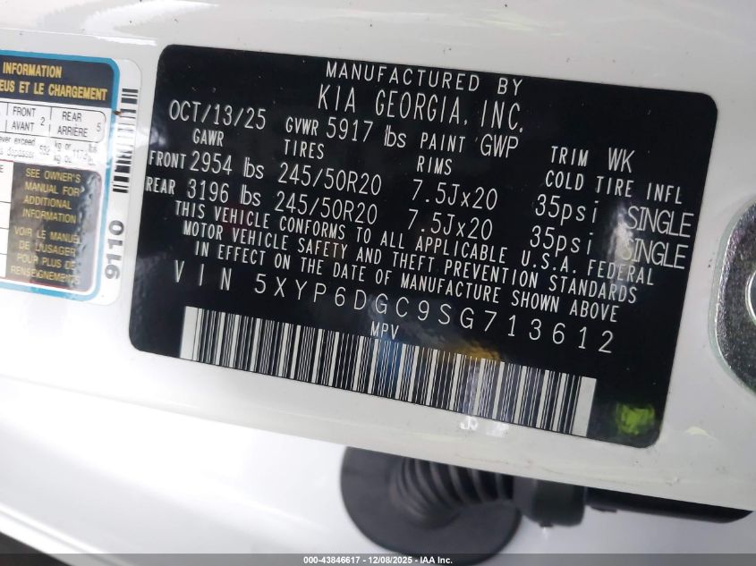 2025 Kia Telluride S VIN: 5XYP6DGC9SG713612 Lot: 43846617