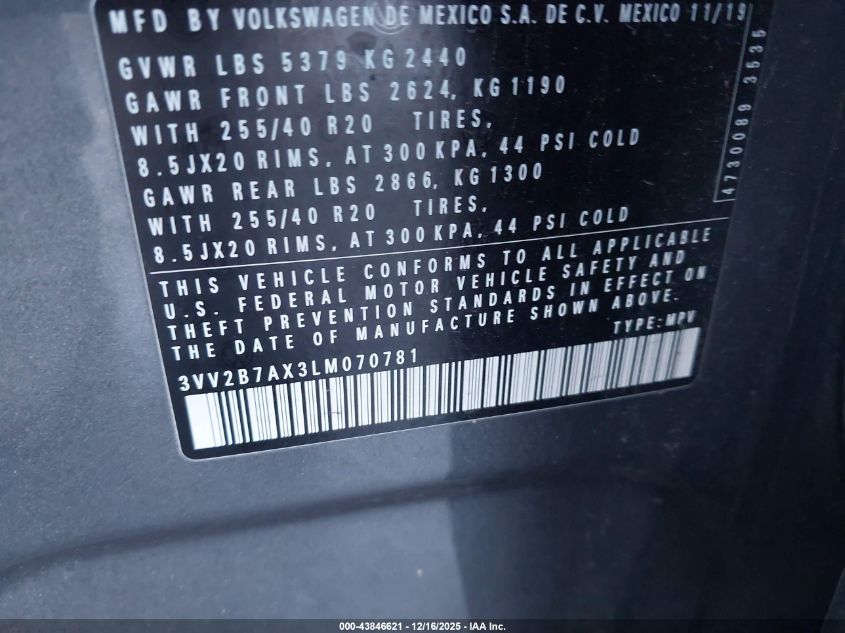 2020 Volkswagen Tiguan 2.0T Se/2.0T Se R-Line Black/2.0T Sel VIN: 3VV2B7AX3LM070781 Lot: 43846621
